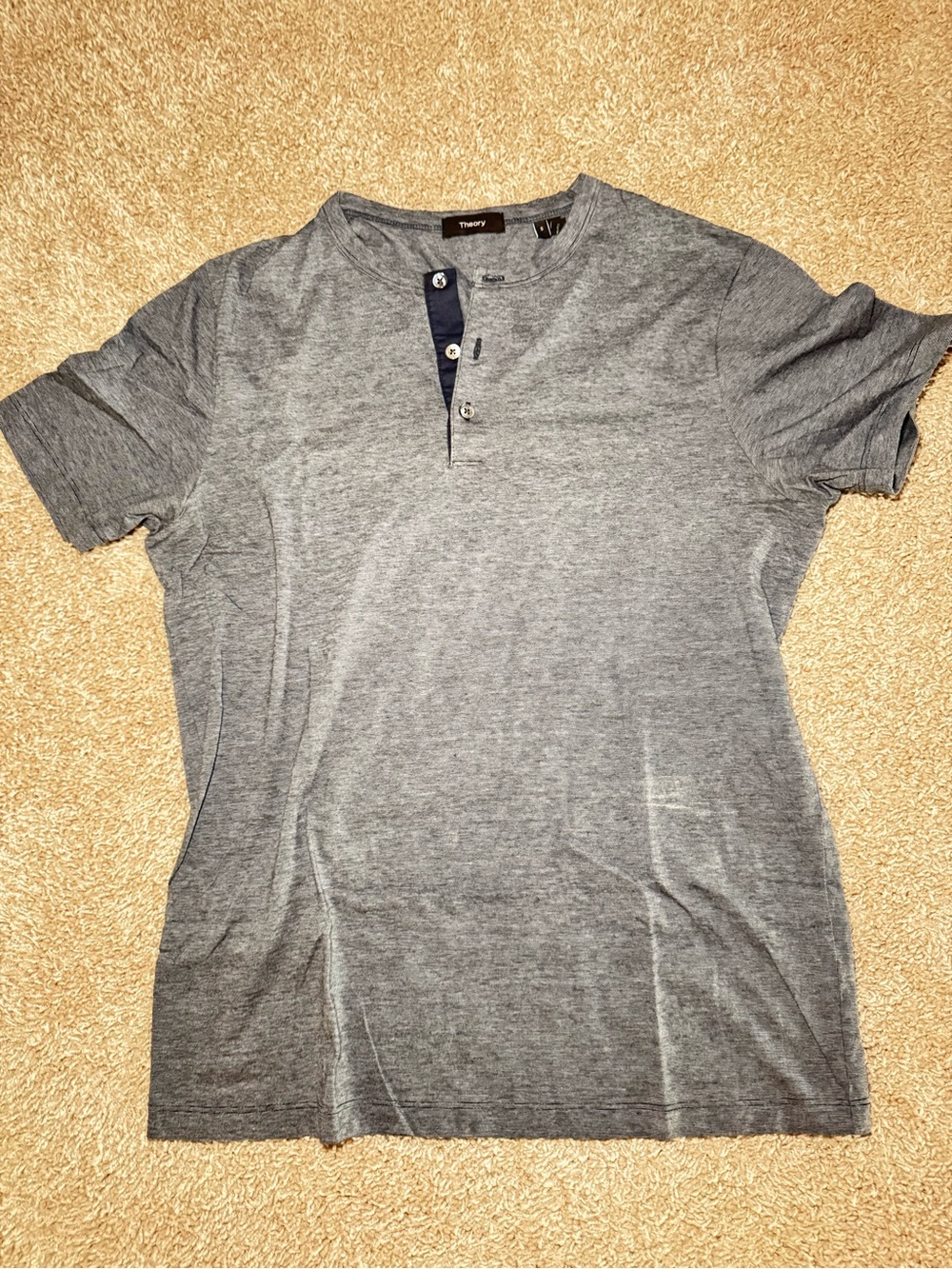Theory Men's Short Sleeve Henley Tee - Gray with Navy Placket 100% Cotton